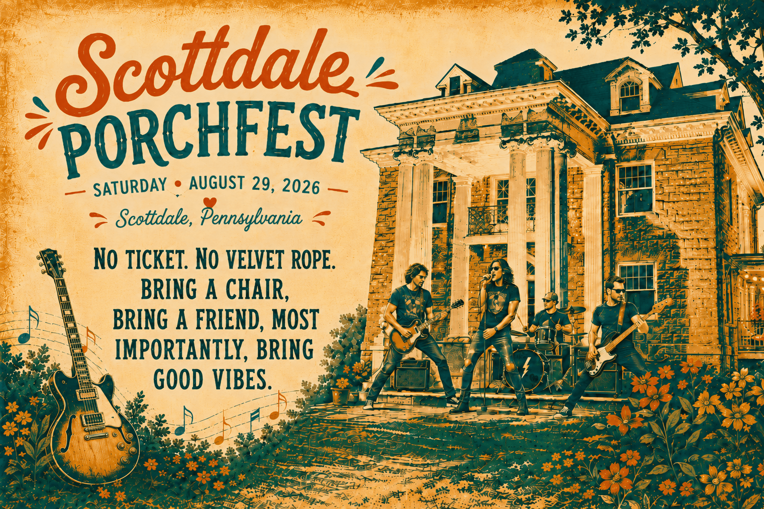 Scottdale Porchfest 2026 event poster featuring a band in front of a historic home